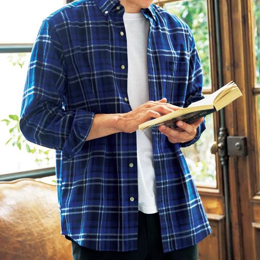 綿100%先染めチェック柄フランネルシャツ(ボタンダウン仕様)