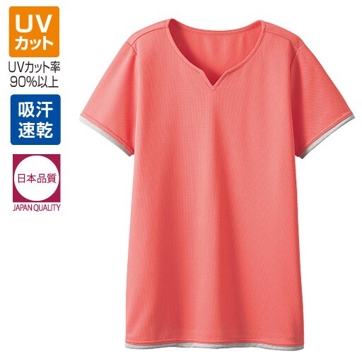 【レディース】 UVカット吸汗速乾キーネックTシャツ - セシール